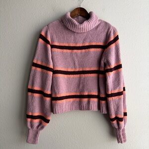 Striped Chenille Cowl Neck Pullover Mauve Purple Peach Soft Cozy Knit Sweater C